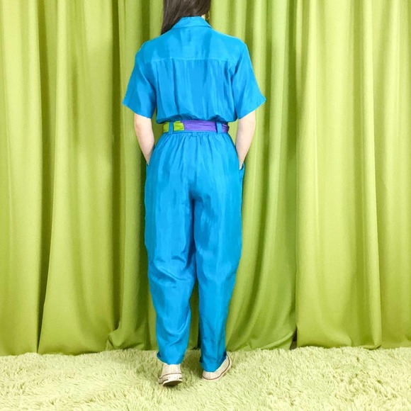 80s Vintage Blue Purple and Green Short Sleeve 100% Silk Coveralls Jumpsuit - Picture 4 of 5